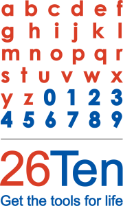 26Ten logo showing the 26 letters of the alphabet and the ten digits we use for counting