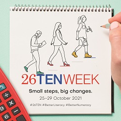 Graphic of three people walking and the words 26TEN Week - small steps, big changes