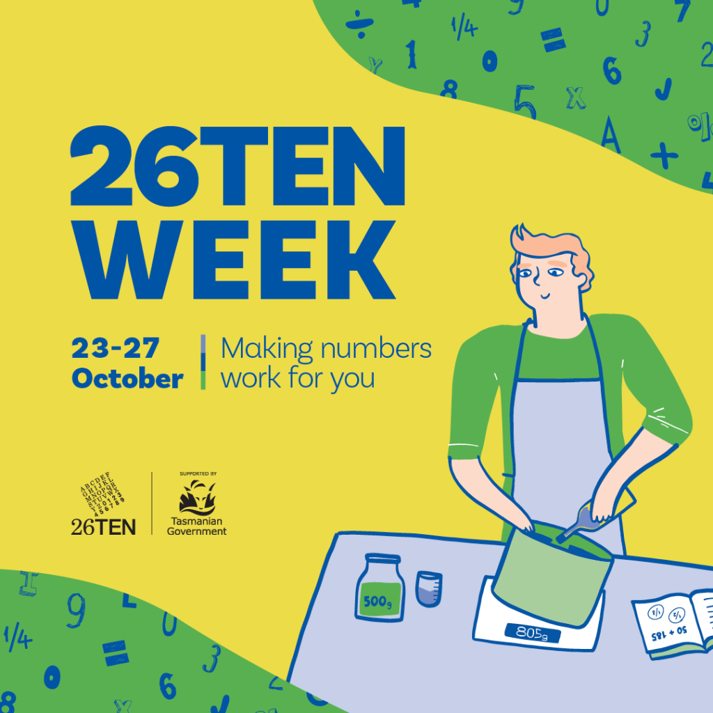 Graphic of a man cooking - "26Ten Week 2023, Making numbers work for you, 23-27 October."