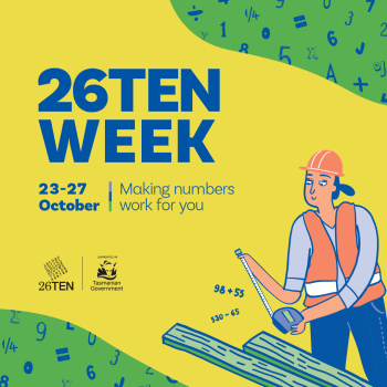 Graphic of woman measuring a length of wood with wording '26Ten Week, 23-27 October, making numbers work for you.'
