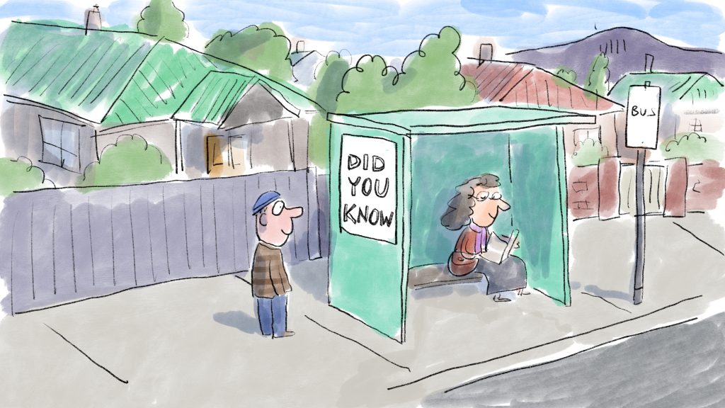 Cartoon image of a woman sitting at a bus stop reading, and a man standing reading a sign that says 'did you know'