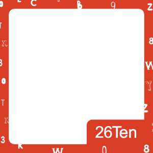 Red 26Ten social media tile frame, with 26Ten logo