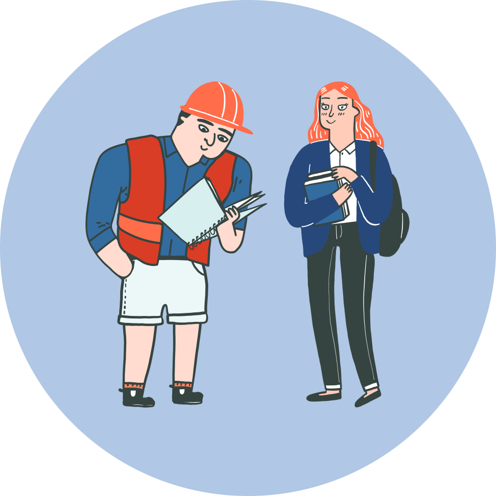 Cartoon image of a woman holding books with a backpack over her shoulder, and a man in construction clothing reading a folder.