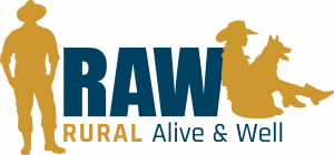 RAW - Rural Alive & Well logo - graphic of man standing with hands in his pockets and a woman sitting with a dog