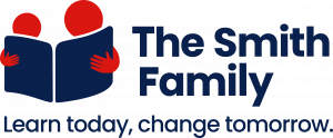 The Smith Family logo - learn today, change tomorrow - graphic of an adult and a child reading a book