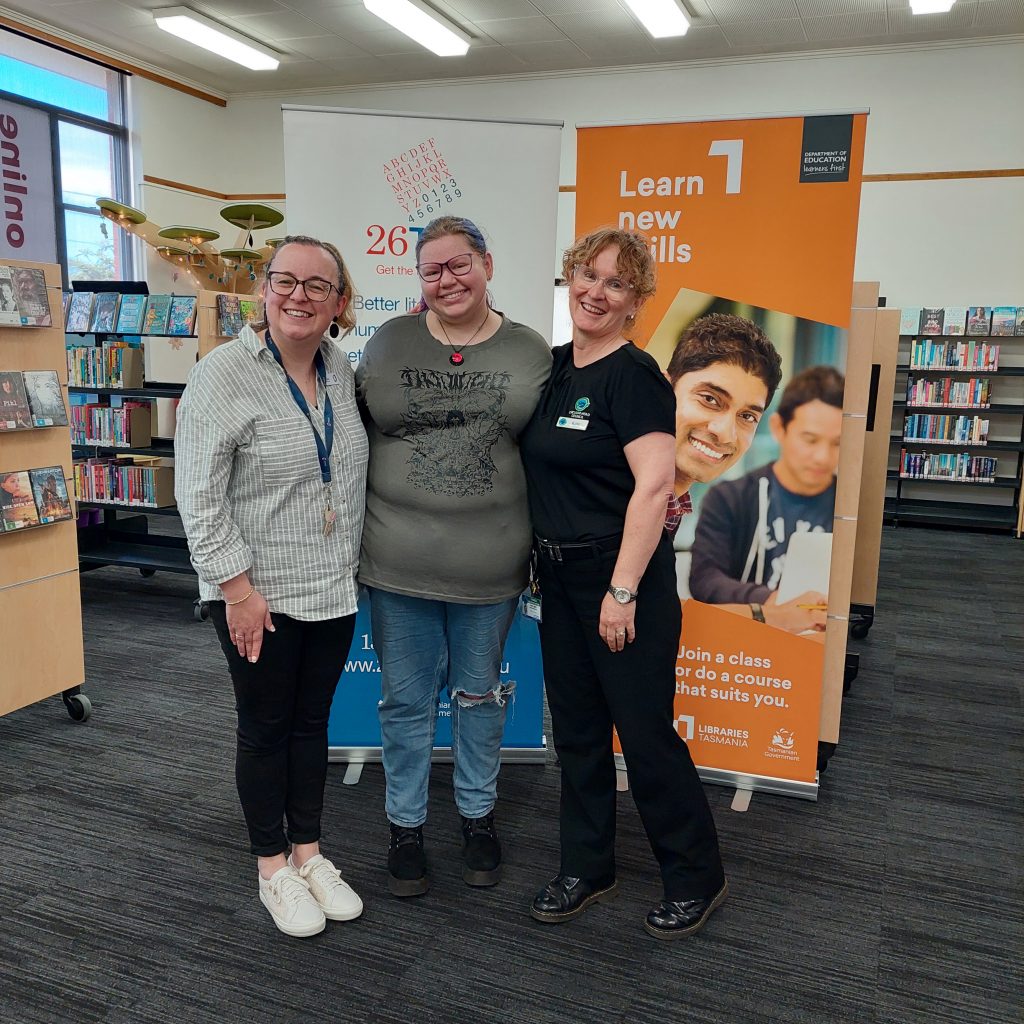 Photo of adult learner Jenna with Chelsea (Libraries Tasmania) and Kate (26Ten)